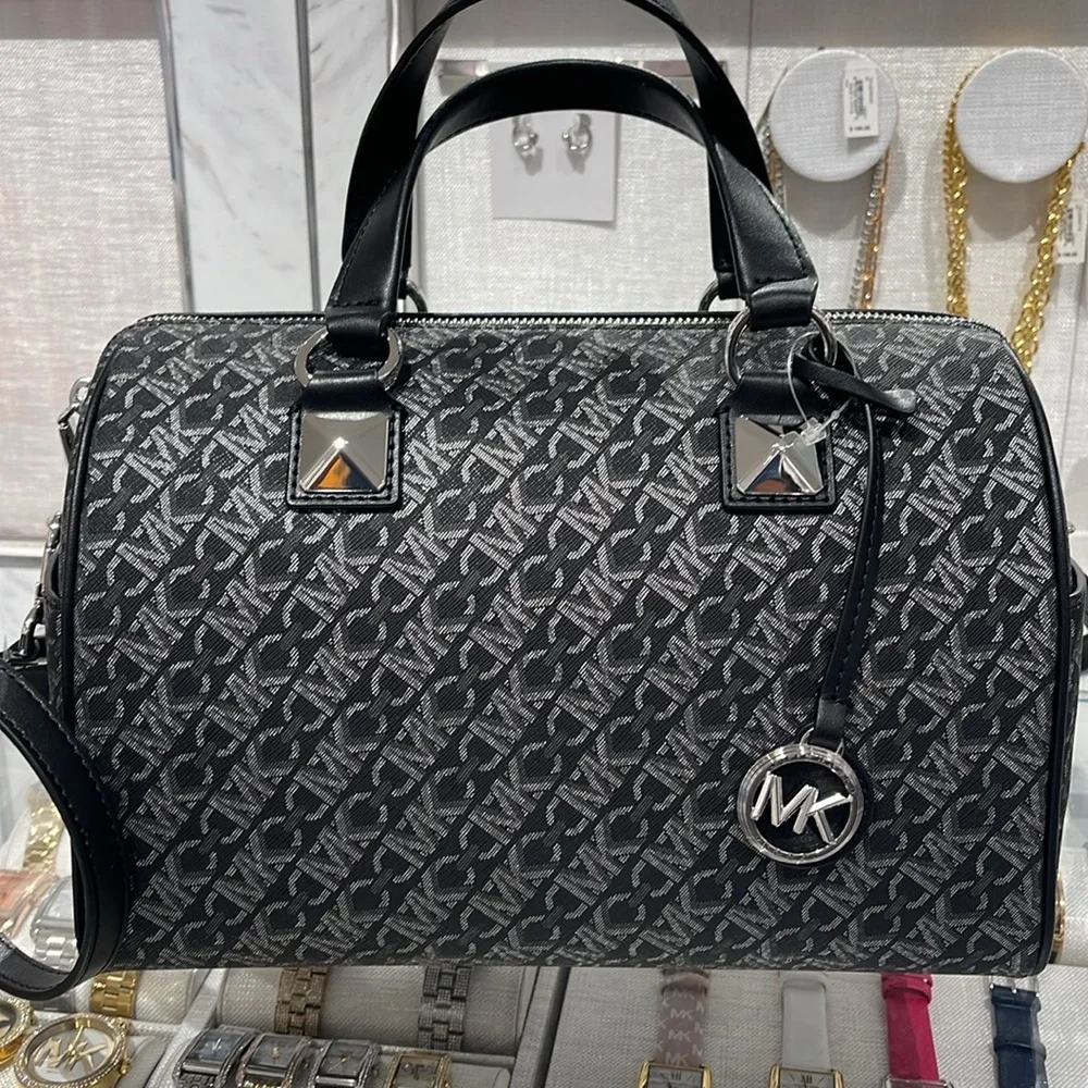 MICHAEL KORS Grayson Medium Metallic Empire Monogram Satchel NWT